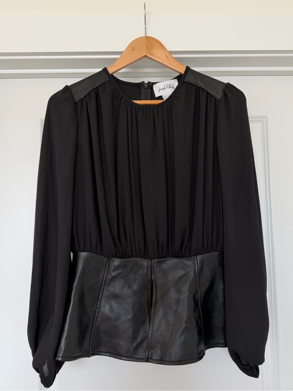 Joseph Ribkoff Size 8 Black Faux Leather Chiffon Peplum Blouse
